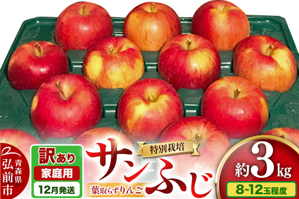【25年12月〜発送】りんご 訳あり家庭用【年内発送】葉取らず サンふじ 約3kg（8〜12玉程度）青森県特別栽培農産物認証農園