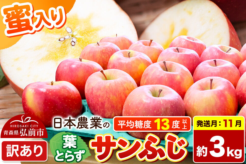 【26年11月発送】りんご 葉とらずサンふじ 【訳あり】 約3kg 蜜入り 平均糖度13度以上 青森県産 [りんご 林檎 アップル 産地直送 葉とらず サンふじ 訳あり 自宅用 家庭用 果物 フルーツ くだもの おいしい 美味 甘い 青森県 弘前市 日本農業]
