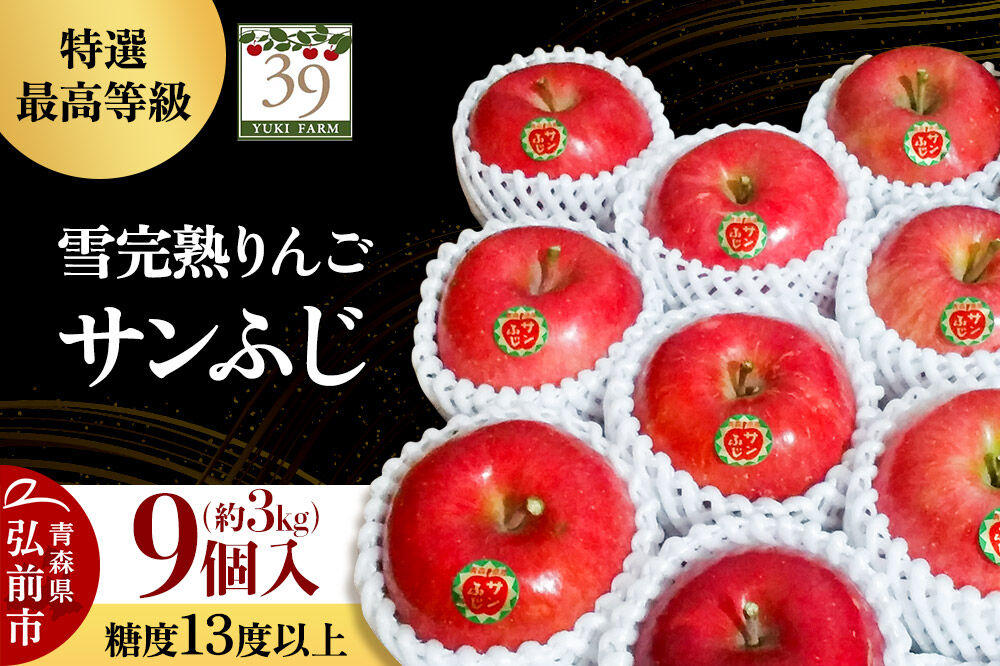 【27年1月〜発送】りんご サンふじ【特選】約3kg（9個）糖度13度以上 最高等級 雪完熟【数量限定】先行受付 青森県 弘前市 果物 フルーツ 林檎 リンゴ くだもの ギフト 贈り物 [先行予約 産地直送 アップル おいしい 果実 美味 甘い 赤色]