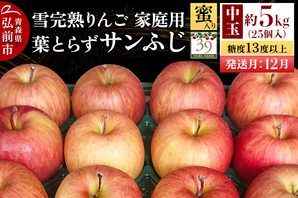 【26年12月発送】りんご 葉とらず サンふじ【家庭用】約5kg（25個入）中玉 糖度13度以上 蜜入り 雪完熟【数量限定】家庭用 自然 青森県 弘前市 果物 フルーツ 林檎 不揃い 規格外 [先行予約 産地直送 アップル おいしい 果実 美味 甘い 赤色]