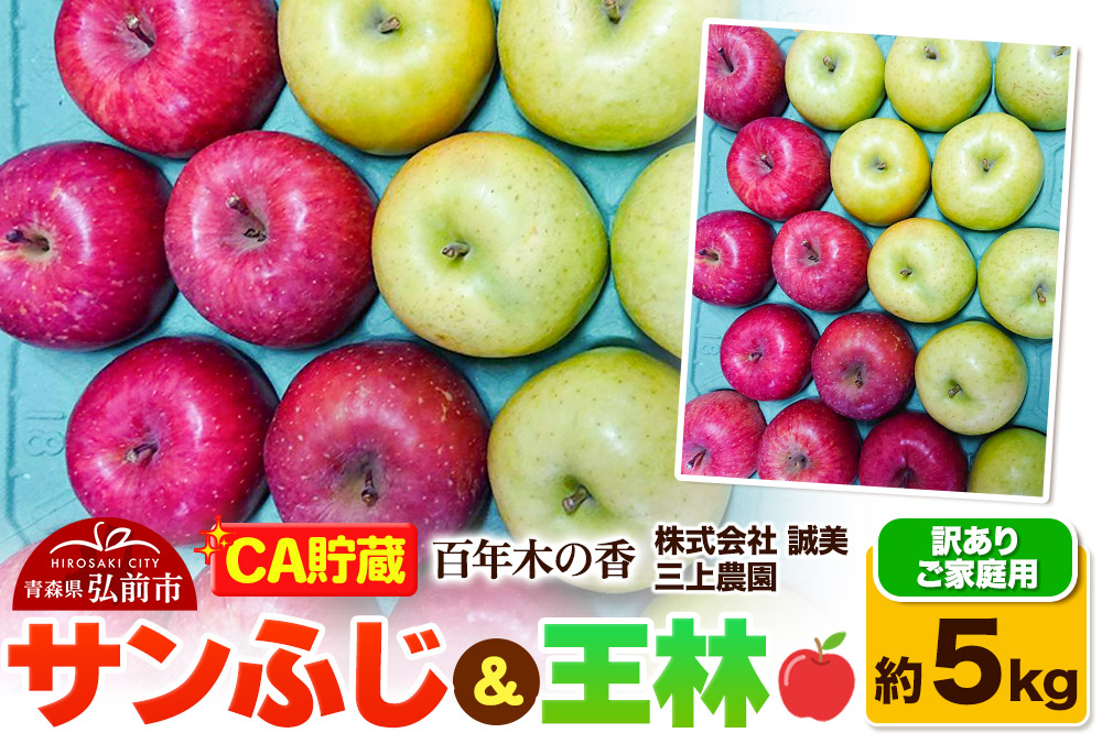 【26年4月発送】りんご 【CA貯蔵】【訳あり】家庭用 百年木の香 三上農園 サンふじ＆王林 約5kg (14〜20玉程度)【先行受付】 青森 果物 フルーツ 林檎 リンゴ くだもの 不揃い 規格外 予約