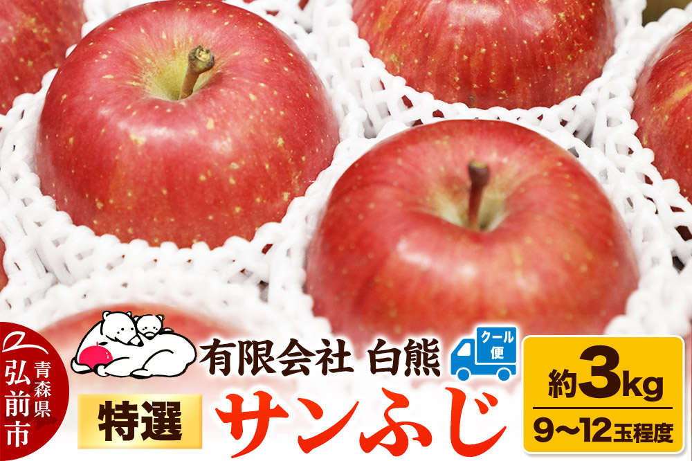 【26年3月発送・先行受付・クール便】りんご 特選 白熊 サンふじ 絆 約3kg（9〜12玉程度）糖度13度