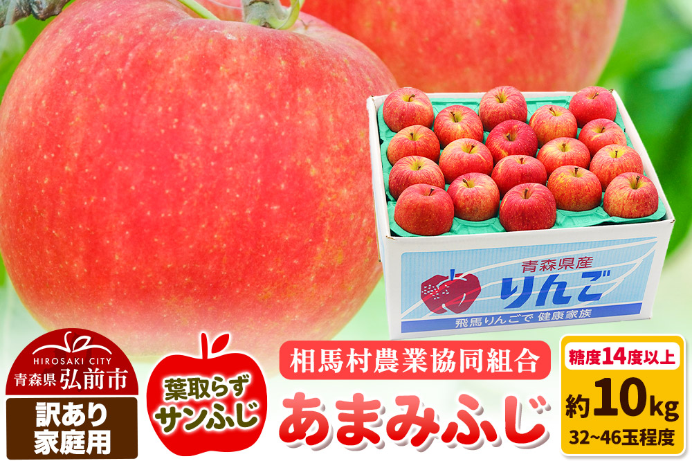 【26年3月発送】りんご 糖度14度以上【訳あり】家庭用 あまみふじ（葉取らずサンふじ）約10kg（32〜46玉程度）