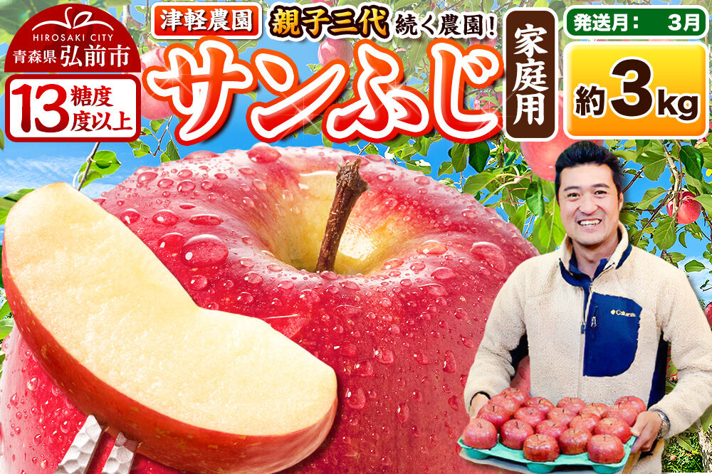 【27年3月クール便発送】りんご サンふじ【家庭用】約3kg 8〜12玉程度【糖度13度以上】津軽農園 [先行予約 クール便 青森県 弘前市 アップル おいしい ふじ りんご 果実 果物 赤色 津軽 糖度 美味 林檎]