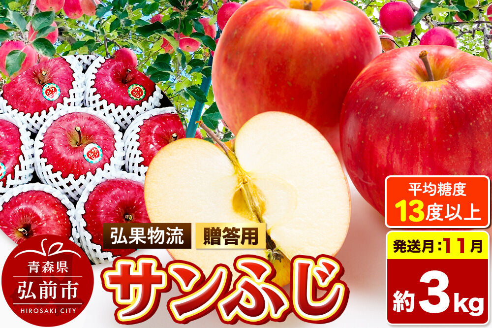 【26年11月発送】りんご サンふじ【贈答用】約3kg 糖度13度以上 青森県 弘前市 [サンふじ りんご 贈り物 贈答用 お歳暮 お中元 ギフト 3キロ アップル おいしい 黄色 果実 果物 詰め合わせ セット 赤色 美味]