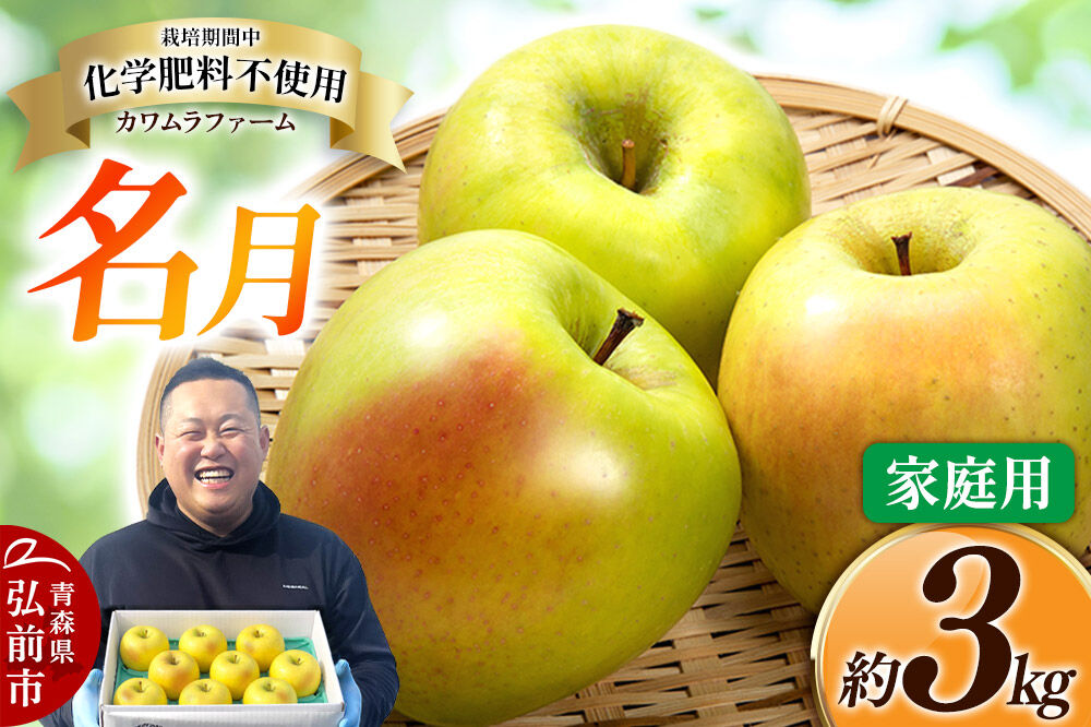 【26年10月下旬〜発送】りんご 名月【家庭用】約3kg カワムラファーム 青森県 弘前市 果物 フルーツ 林檎 リンゴ くだもの 不揃い 規格外 [産地直送 アップル おいしい 果実 美味 甘い 黄色]