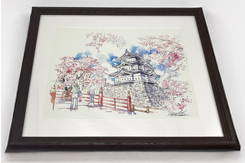 弘前城と下乗橋の複製画イラスト1枚（額縁付き） [アート イラスト ひろさき ほっこり 絵 芸術 弘前 弘前城 高岡城 城 青森 鷹岡城]
