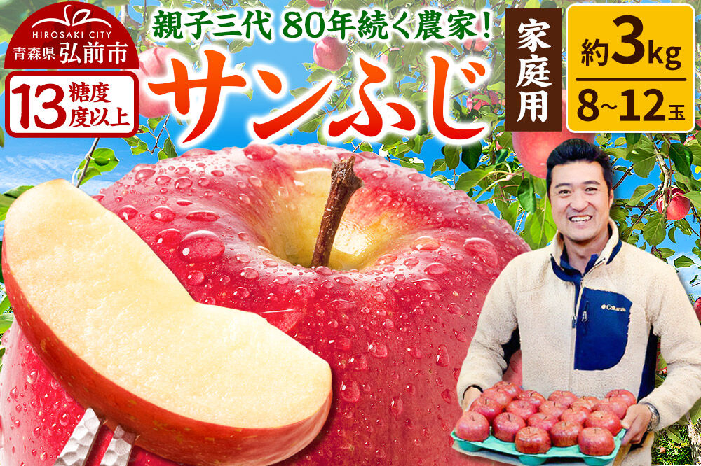 りんご 【糖度13度以上】サンふじ【家庭用】約3kg 8〜12玉程度 津軽農園 [アップル おいしい ふじ りんご 果実 果物 青森 赤色 津軽 糖度 美味 林檎]
