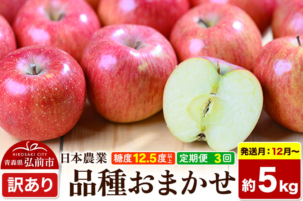 【26年12月〜発送】《定期便3ヶ月》りんご 品種おまかせ【訳あり】約5kg 平均糖度12.5度以上【12〜2月】3回分 青森 果物 フルーツ 林檎 リンゴ くだもの 不揃い 規格外 先行受付 [先行予約 家庭用 産地直送 アップル 青森県 弘前市]