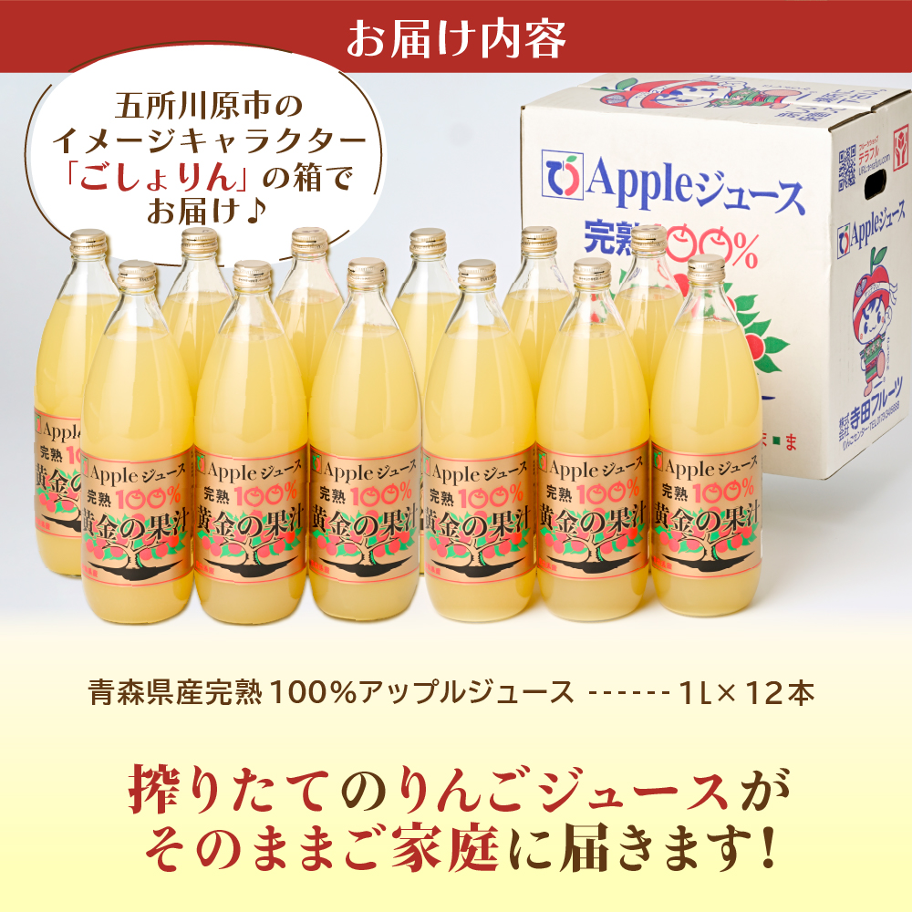 青森県産完熟100％りんごジュース 1L×12本 (6本×2箱) 青森 完熟リンゴ果汁100％ 品種ブレンド