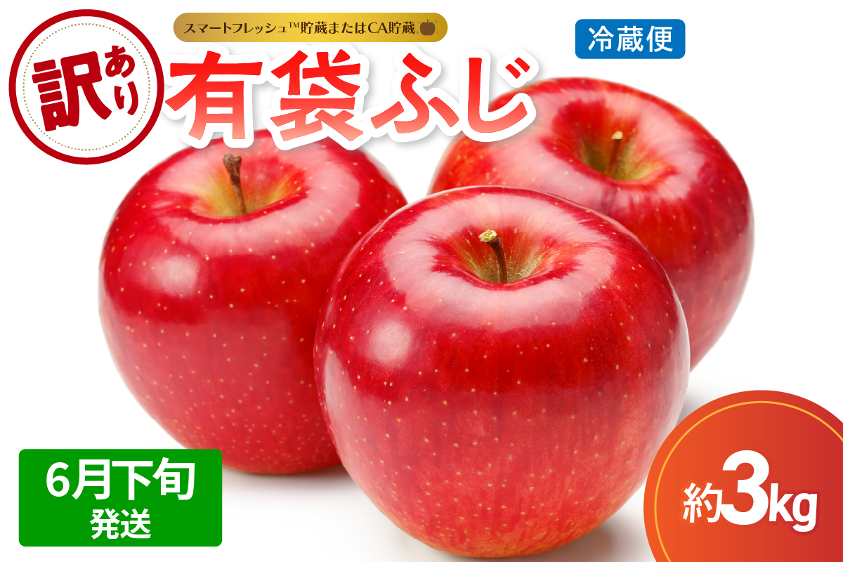 【2026年6月下旬発送】【訳あり】 りんご 有袋ふじ 3kg ( スマートフレッシュTM貯蔵 又は CA貯蔵 ・ クール便 ) 