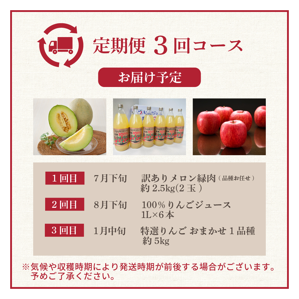 【7月発送開始】おいしい3種類 ☆ フルーツ定期便 【3回】 りんごジュース メロン りんご