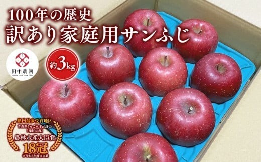 ≪12月発送 ≫100年の歴史 訳あり 家庭用サンふじ 約3kg【田中農園 青森りんご 平川市産】