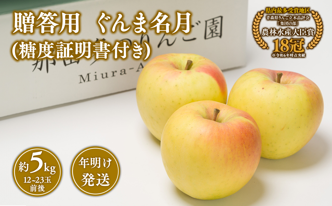 【1~2月発送】 贈答用ぐんま名月約5kg（糖度証明書付き） 【青森県 平川市 那由多のりんご園】