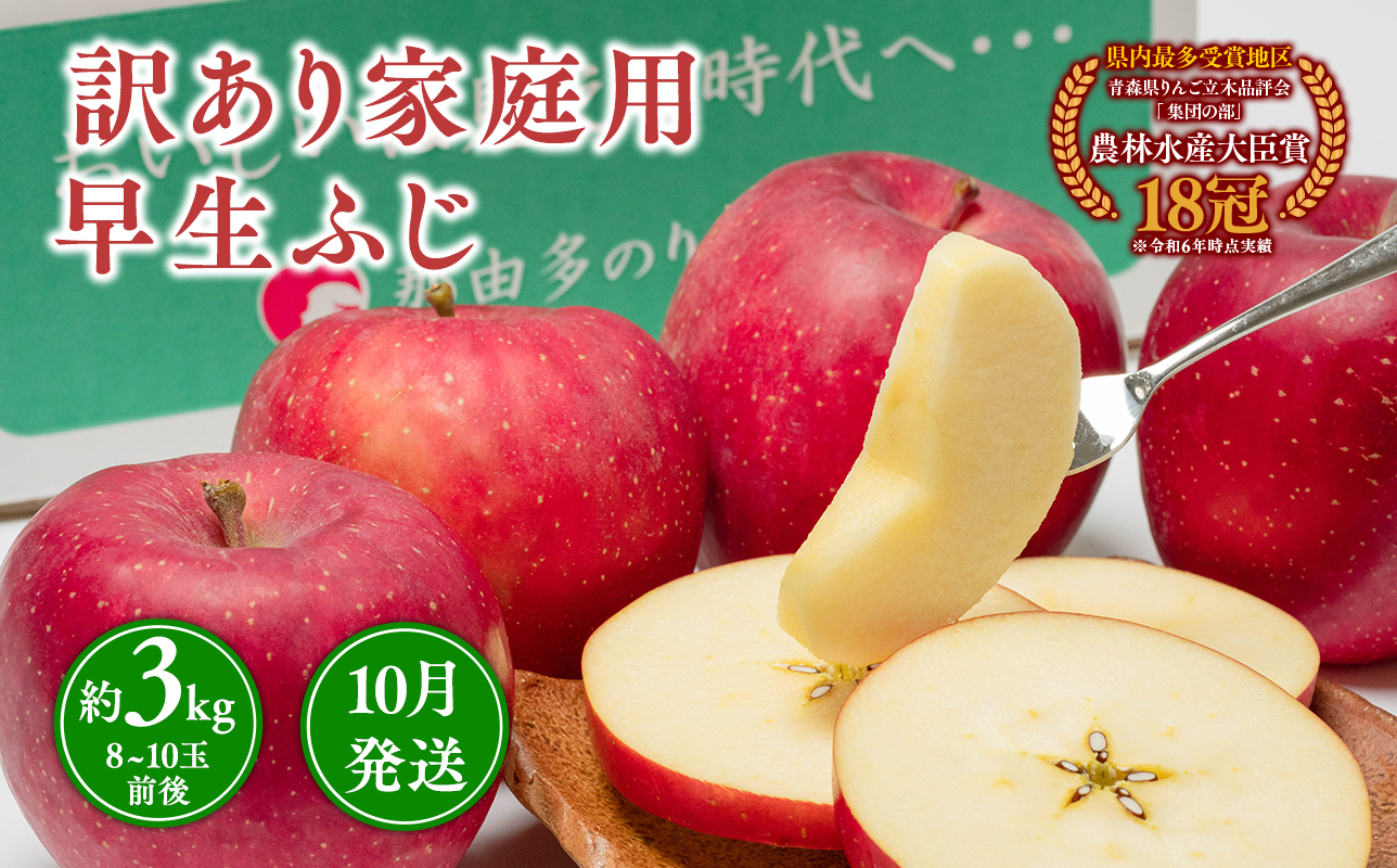 10月発送 【訳あり】家庭用早生ふじ 約3kg 【青森県 平川市 那由多のりんご園】