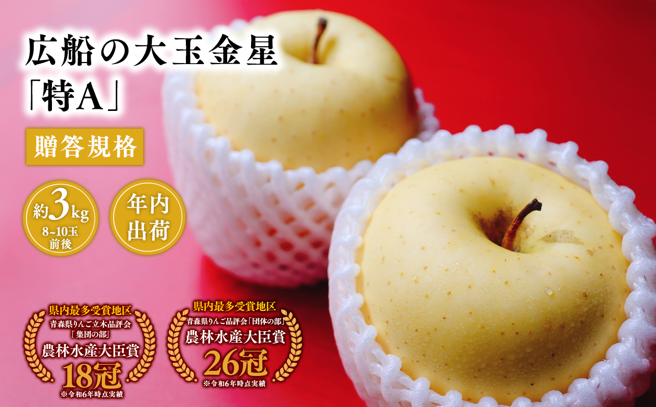 年内 贈答規格 広船の大玉金星約3kg「特A」【広船アップルクラブ　平川市広船産　青森りんご　12月】