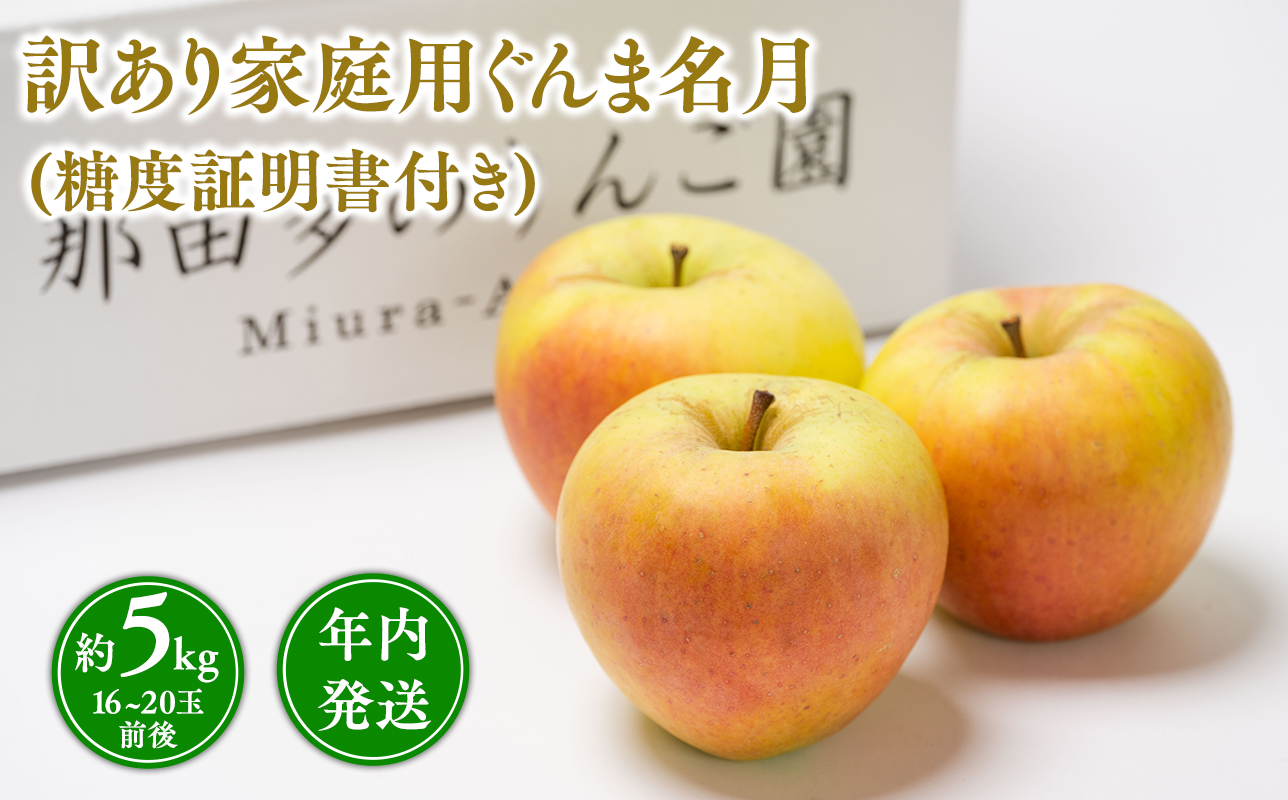年内発送 【訳あり】家庭用ぐんま名月約５ｋｇ（糖度証明書付き） 【那由多のりんご園・平川市産】