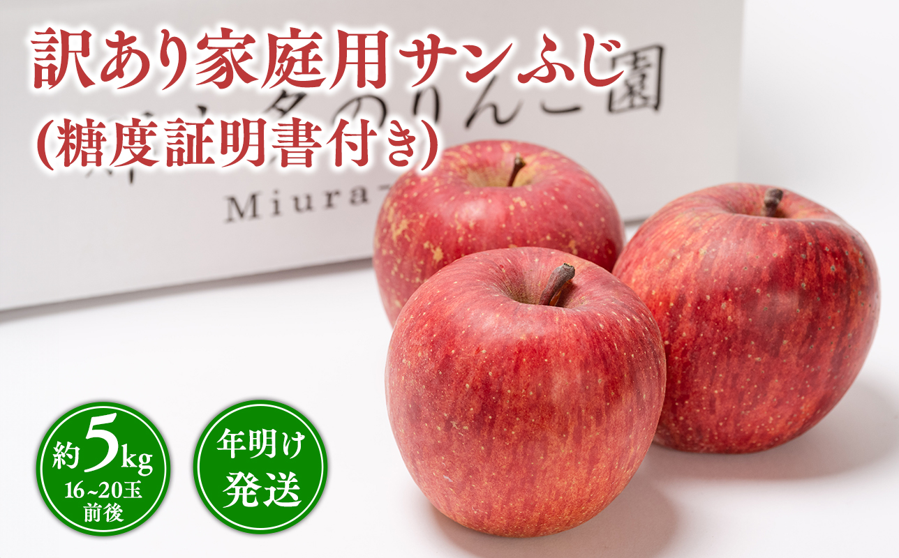 年明け発送 【訳あり】家庭用サンふじ約5kg（糖度証明書付き） 【那由多のりんご園・平川市産】