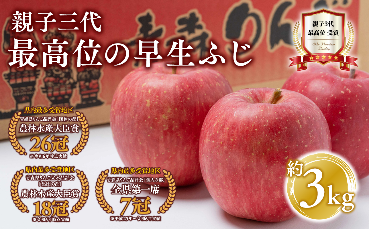 【10月発送】 親子三代最高位の早生ふじ 約3kg【全国ふじコンテスト最高賞受賞農園・平川市広船産りんご】
