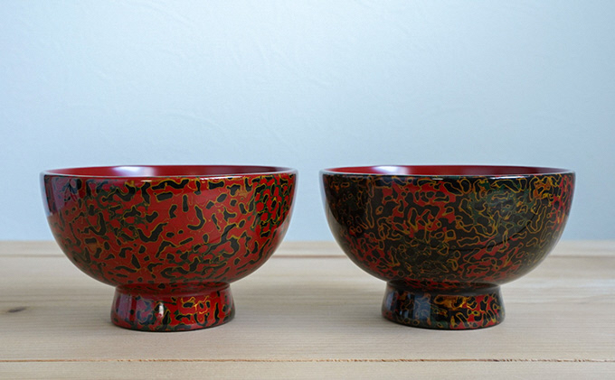 津軽塗　夫婦汁椀セット・唐塗 黒口呂上・赤上 食器 工芸品 伝統技術 手作り