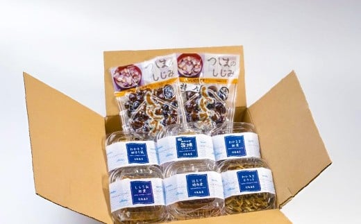 対島商店おすすめセット（わかさぎ筏焼き3串・わかさぎ佃煮40g・わかさぎ田作り風30g・わかさぎカラット30g・ほたて時雨煮40g・しらうお佃煮40g・しじみ（調理済）150g・しじみ（調理済）150g（大））　【02408-0163】