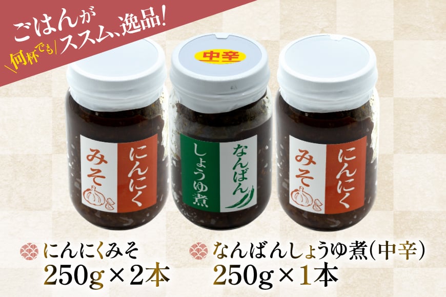 ご飯のお供 にんにくみそ 2本 なんばんしょうゆ煮 中辛 1本 計 3本 セット 瓶 タイプ [みむら加工所 青森県 おいらせ町 oi02ayo810006] みそ ミソ 味噌 にんにく 唐辛子 ピリ辛 詰め合わせ ごはんのおとも ごはんのお供