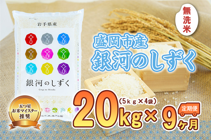 【9か月定期便】盛岡市産銀河のしずく 無洗米 20kg×9か月 お米 