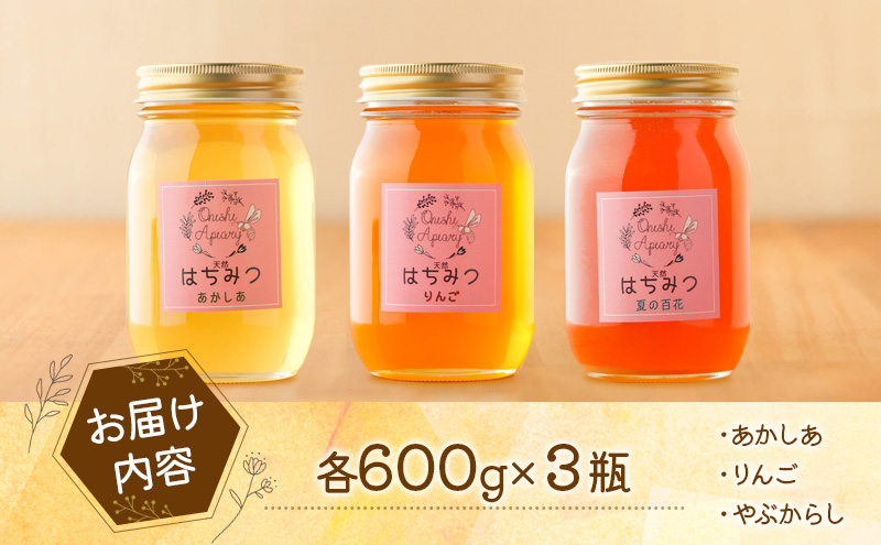 盛岡産はちみつ【たっぷり 600g 瓶 3種 堪能 セット】 国産 非加熱  ハチミツ 蜂蜜