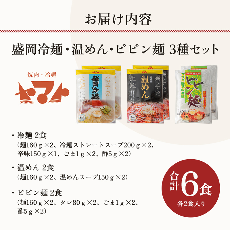 ヤマト 生麺 3種 セット 詰め合わせ 焼肉冷麺ヤマト 冷麺 温麺 ビビン麺 各2食 化粧箱入り 盛岡冷麺 スープ カクテキ 盛岡三大麺 焼肉屋 生麺 麺 麺類 辛麺 ピリ辛 牛骨スープ タレ 牛骨 惣菜 昼食 夜食 夕食 岩手 岩手県 盛岡市