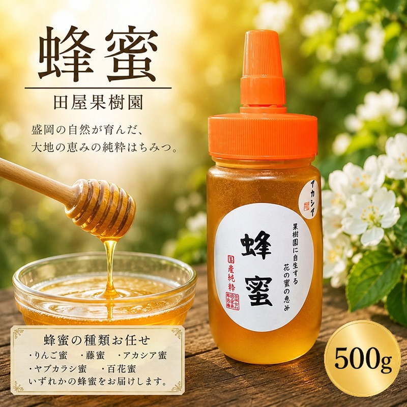 蜂蜜 500g 種類お任せ はちみつ りんご蜜 藤蜜 アカシア蜜 ヤブカラシ蜜 百花蜜 国産 加工品 ボトル 特産品 名産品 お取り寄せ ギフト 贈答用 贈答 プレゼント 岩手県 盛岡市 東北 岩手 盛岡 田屋果樹園 taya024