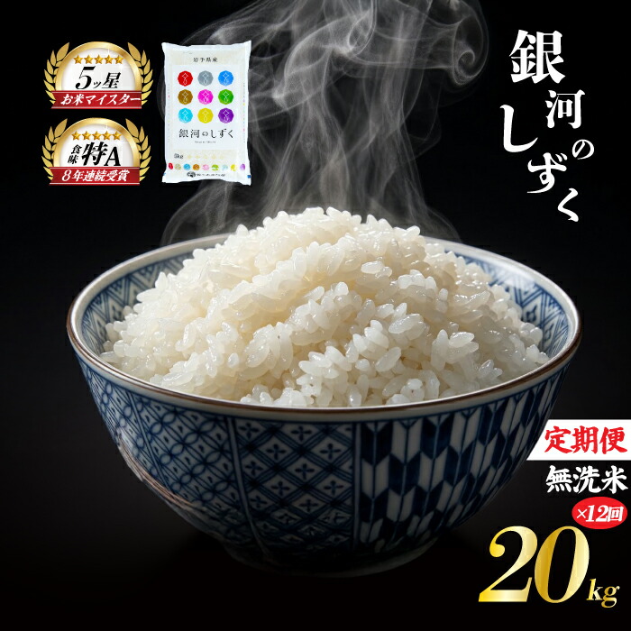 銀河のしずく 無洗米 20kg 5kg×4袋 米 定期便 12回 12ヶ月 連続 お届け 盛岡市産 いわて米 ブランド米 精米 白米 米 お米 こめ コメ ライス ご飯 ごはん 美味しい おすすめ贈り物 ぎんがのしずく 産地直送 盛岡 佐々木米穀店