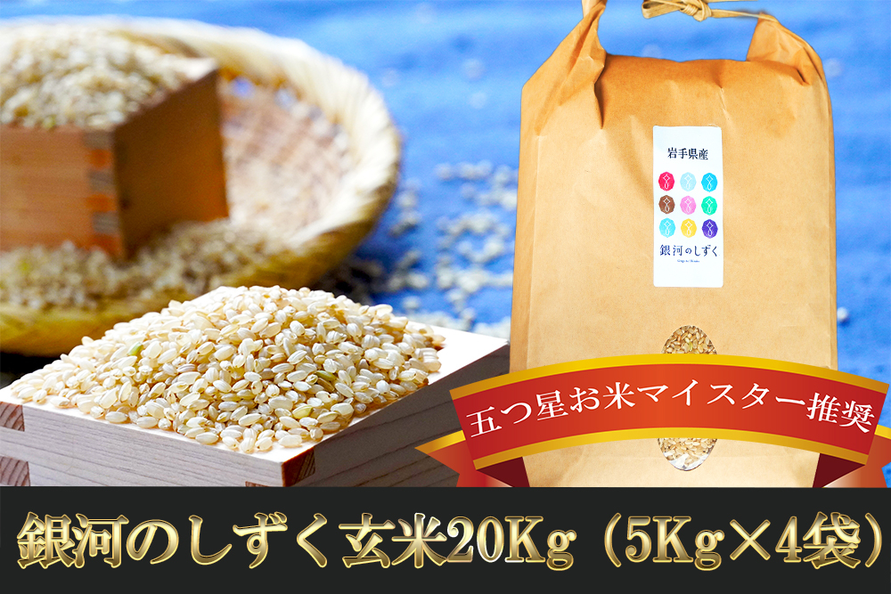 五つ星お米マイスター 厳選 盛岡市産 銀河のしずく 20kg 5kg×4袋 玄米 米 こめ コメ お米 ご飯 ごはん ライス グルメ 五つ星 5つ星 5ツ星 お米マイスター 5kg 5キロ 単品 単一原料米 銘柄米 小分け ブランド米 総量 20kg 国産 産地直送 盛岡 佐々木米穀店