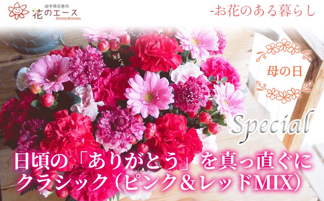【母の日】フラワーアレンジメント　日頃の「ありがとう」を真っ直ぐにクラシック（ピンク&レッドMIX）＜スペシャル＞ 【1529】