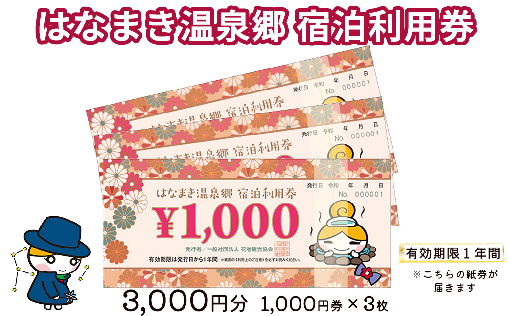 はなまき温泉郷 宿泊利用券 1,000円券×3枚 【534】