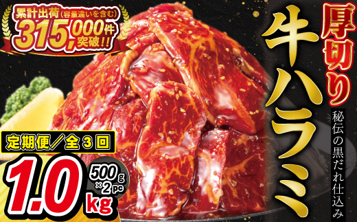 【定期便3ヶ月】厚切り牛ハラミ 1kg (500ｇ×2パック) 【2427】