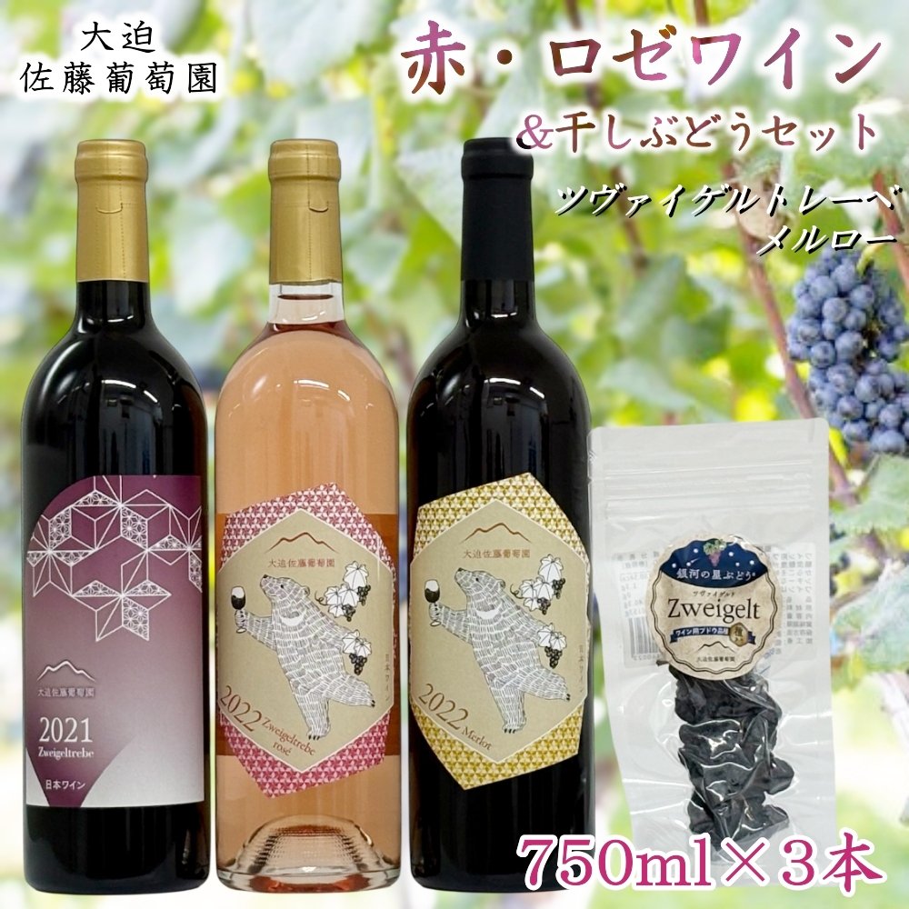 大迫佐藤葡萄園ワイン3本セット（ツヴァイゲルト赤・ロゼ・メルロー・干しぶどう） 【1396】