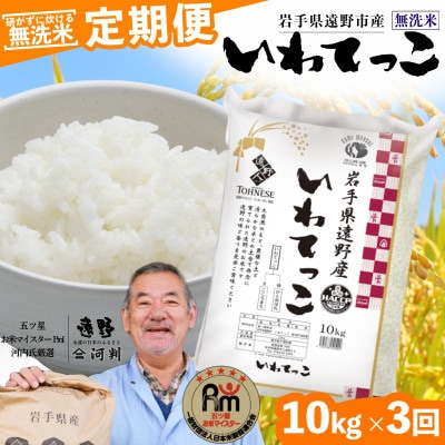【毎月定期便】〈無洗米〉岩手県 遠野市産 いわてっこ 10kg 【 コメマルシェ 河判 】全3回【4082956】