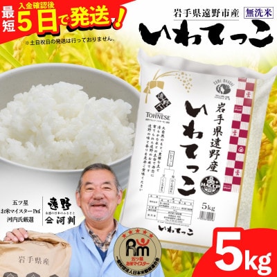 【令和7年産】いわてっこ(無洗米) (精米)岩手県遠野市産 5kg 河判【1714128】