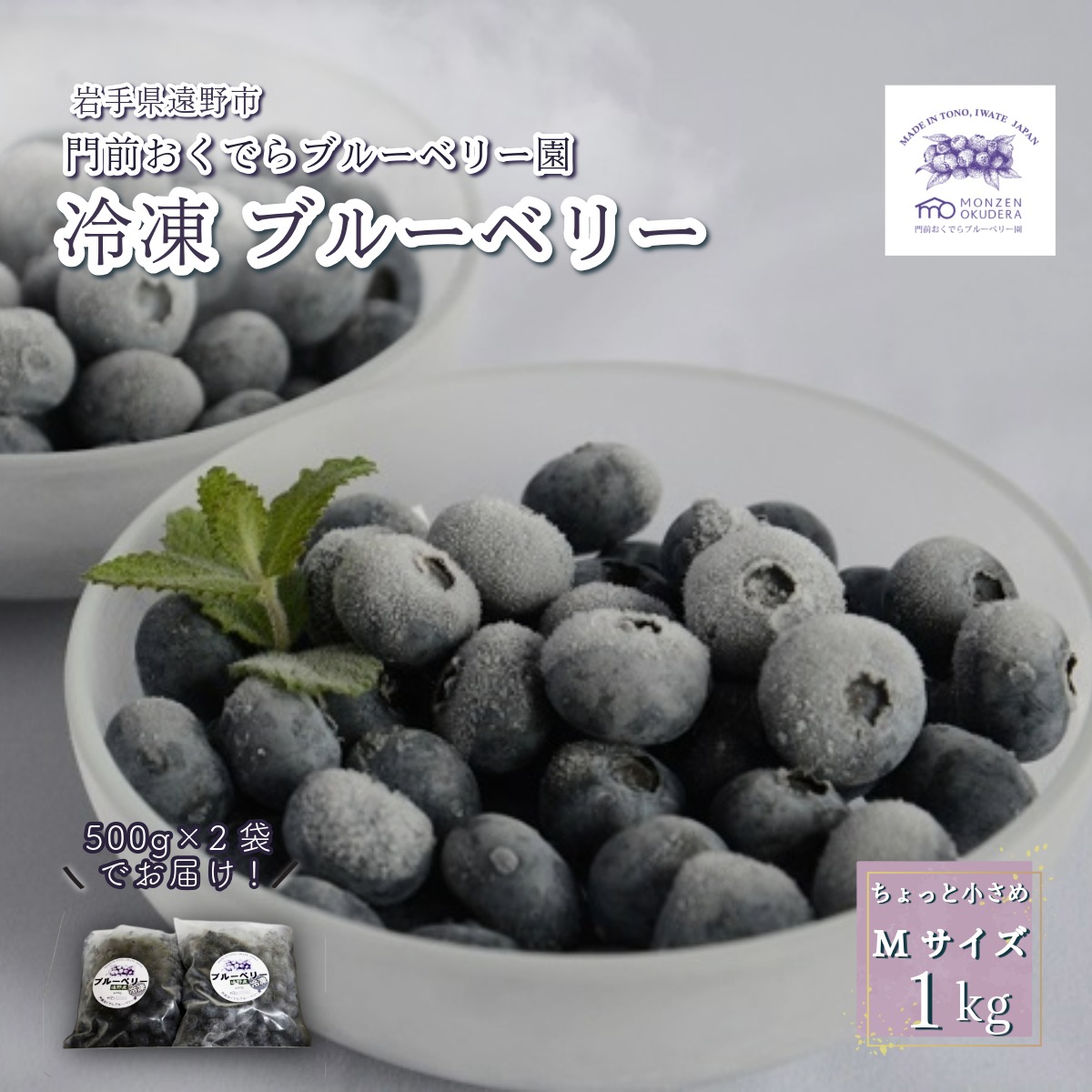 冷凍 ブルーベリー ちょっと小さめ Mサイズ 1kg （500gパック2個入り） 門前おくでらブルーベリー園 岩手県 遠野市 産 お取り寄せ 産地直送 2025年産 冷凍ブルーベリー