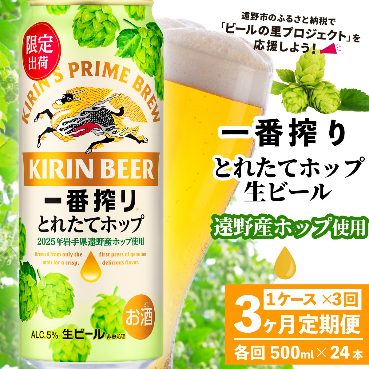 【定期便3回】キリン 一番搾り とれたてホップ 生ビール 500ml × 24本 1ケース 3ヶ月  ＜ 遠野産ホップ 使用 ＞  限定 ビール お酒 BBQ 宅飲み 家飲み 晩酌 ギフト 缶ビール KIRIN 麒麟 きりん キリンビール 人気 ＜ ビールの里 農家 支援 応援 ＞
