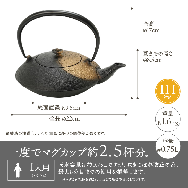 南部鉄器 鉄瓶 陰陽 黒金 0.75L 【及富作】 IH調理器 伝統工芸品 やかん ケトル キッチン用品 食器 日用品 雑貨 [AK030]