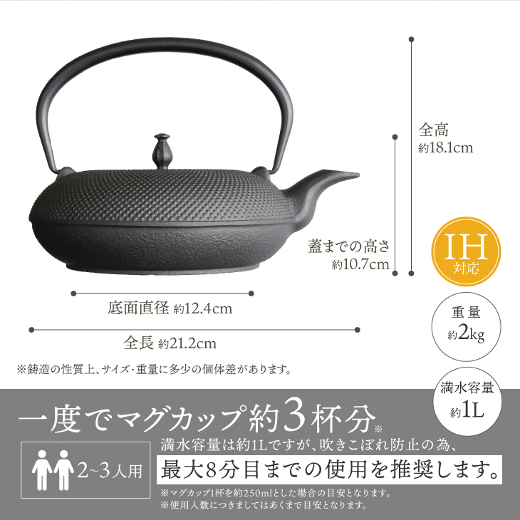 南部鉄器 鉄瓶 東雲アラレ 1.0L 【OIGEN 作】 IH調理器 伝統工芸品 白湯がオススメ！ やかん ケトル キッチン用品 食器 日用品 雑貨 [Z0019]