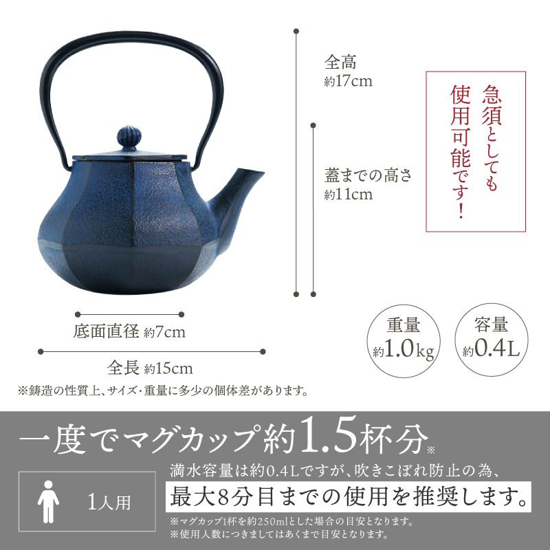 南部鉄器 鉄瓶 みやび 青 0.4L [AK031]