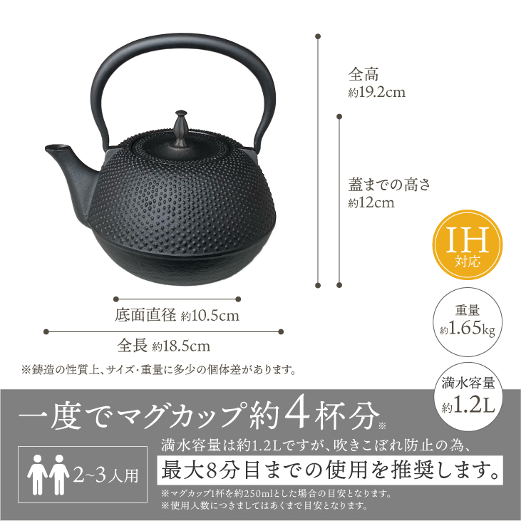 南部鉄器 鉄瓶 末広アラレ黒 1.2L 伝統工芸品 IH [BS047]