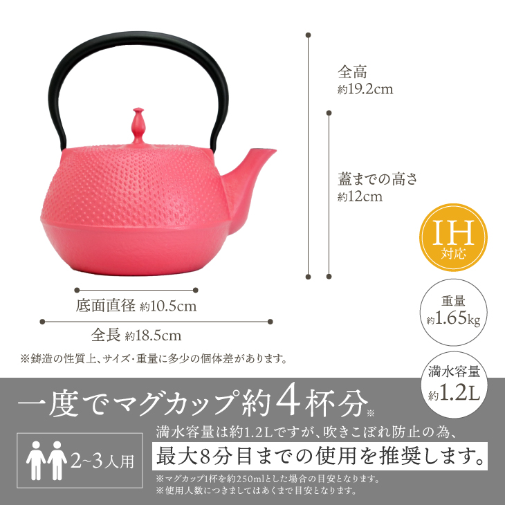 南部鉄器 鉄瓶 末広アラレピンク 1.2L IH調理器 伝統工芸品 アラレ模様 使いやすい 鉄分補給 人気 やかん ケトル キッチン用品 日用品 雑貨 [BS049]