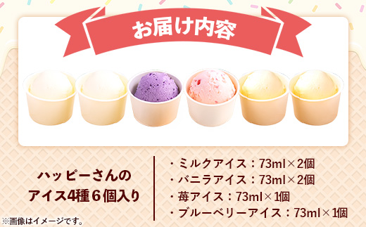 ハッピーさんのアイス 4種類6個入り アイスクリーム カップ スイーツ あいす セット ギフト プレゼント 贈り物 夏 ミルク バニラ ストロベリー ブルーベリー 農場直送 冷凍 岩手県 岩手町