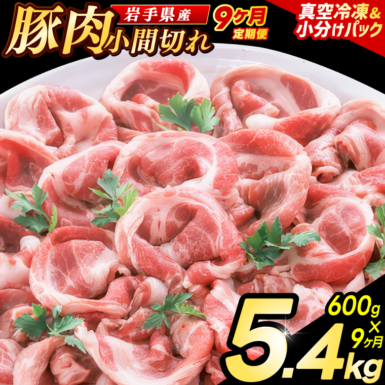 ＼9ヶ月連続 定期便／【岩手県産豚肉】小間切れ600g (300g×2パック) (総計 5.4kg) 大容量 肉 冷凍 小分け 肉じゃが しょうが焼き お弁当 おかず 岩手 いわちく 紫波町（AB137）