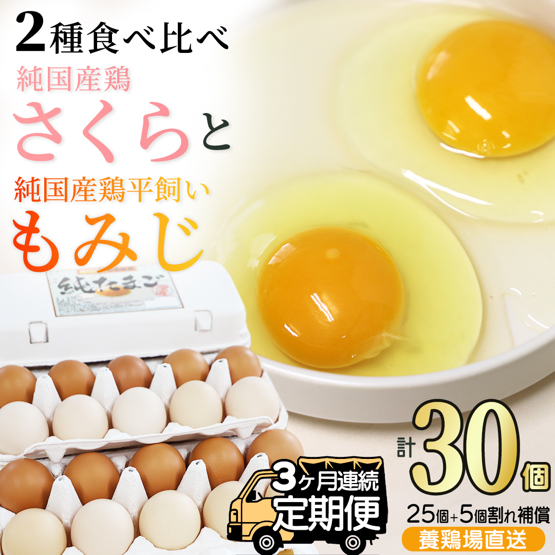 【選べる定期便】卵 玉子 鶏卵 純国産鶏【さくらともみじ】3ヶ月 定期便 たまご 純たまご30個 破損保証5個含む 採れたて 新鮮 農地直送 (AJ032)