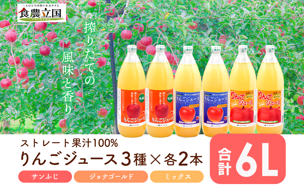 JAいわて中央のりんごジュース３種セット１L×６本　ストレート果汁100％　