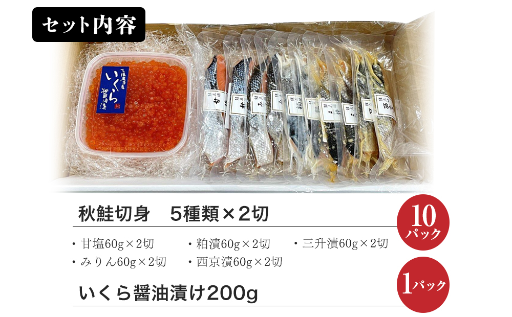 鮭三昧　親子セット　鮭切り身５種10パックとイクラ200g